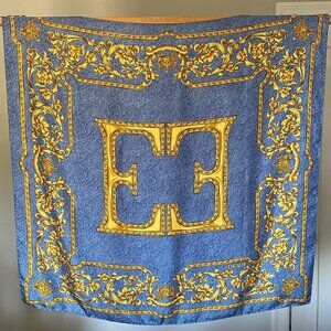Vintage 80s ESCADA Blue & Gold Scroll Scarf